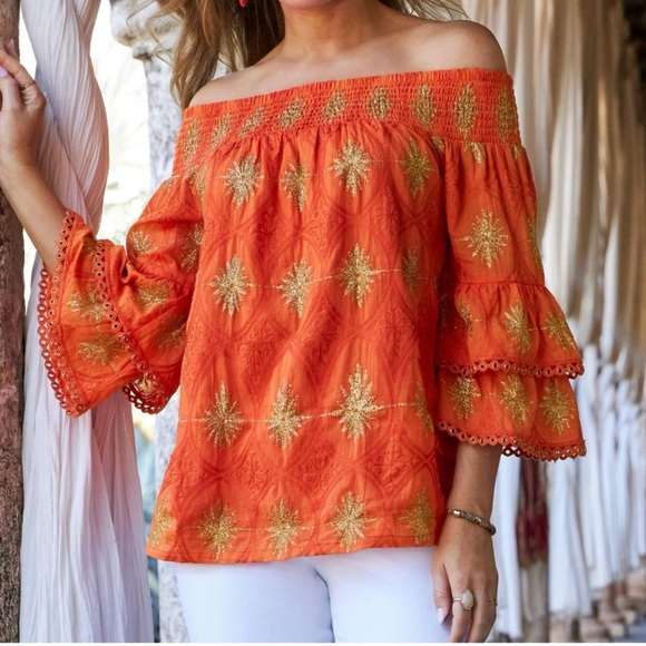 Boston Proper Tops - Boston Proper Orange Off-Shoulder Top with Gold Accents sz L